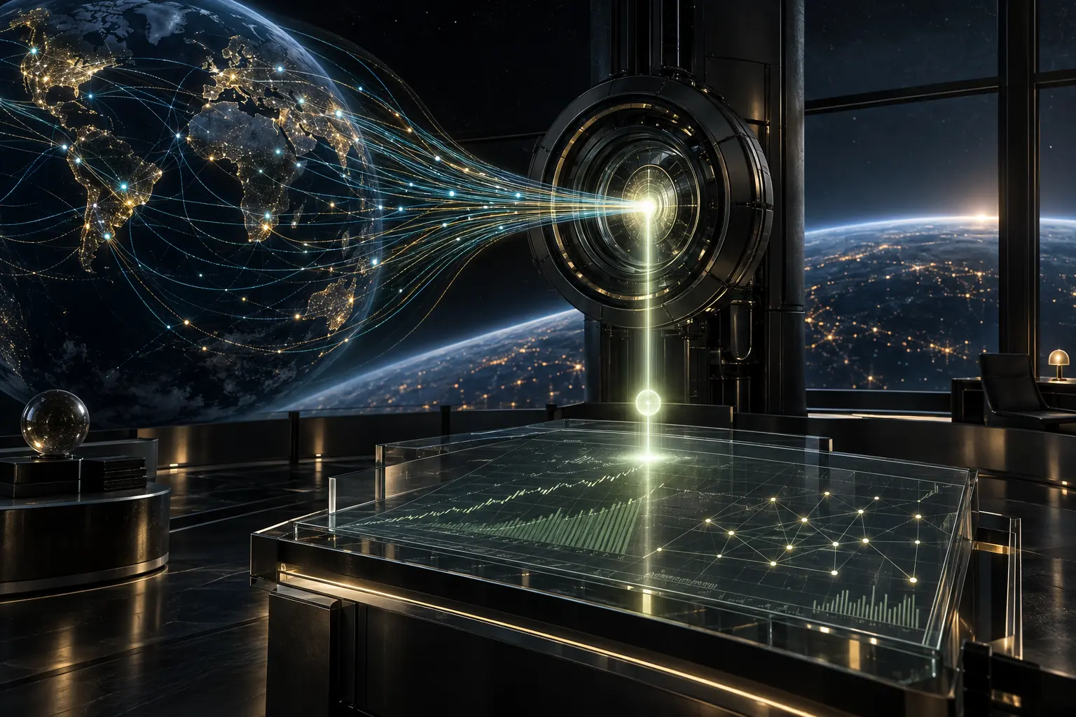 Worldwide evidence routes converge through one verification aperture into a precise capital research ledger.