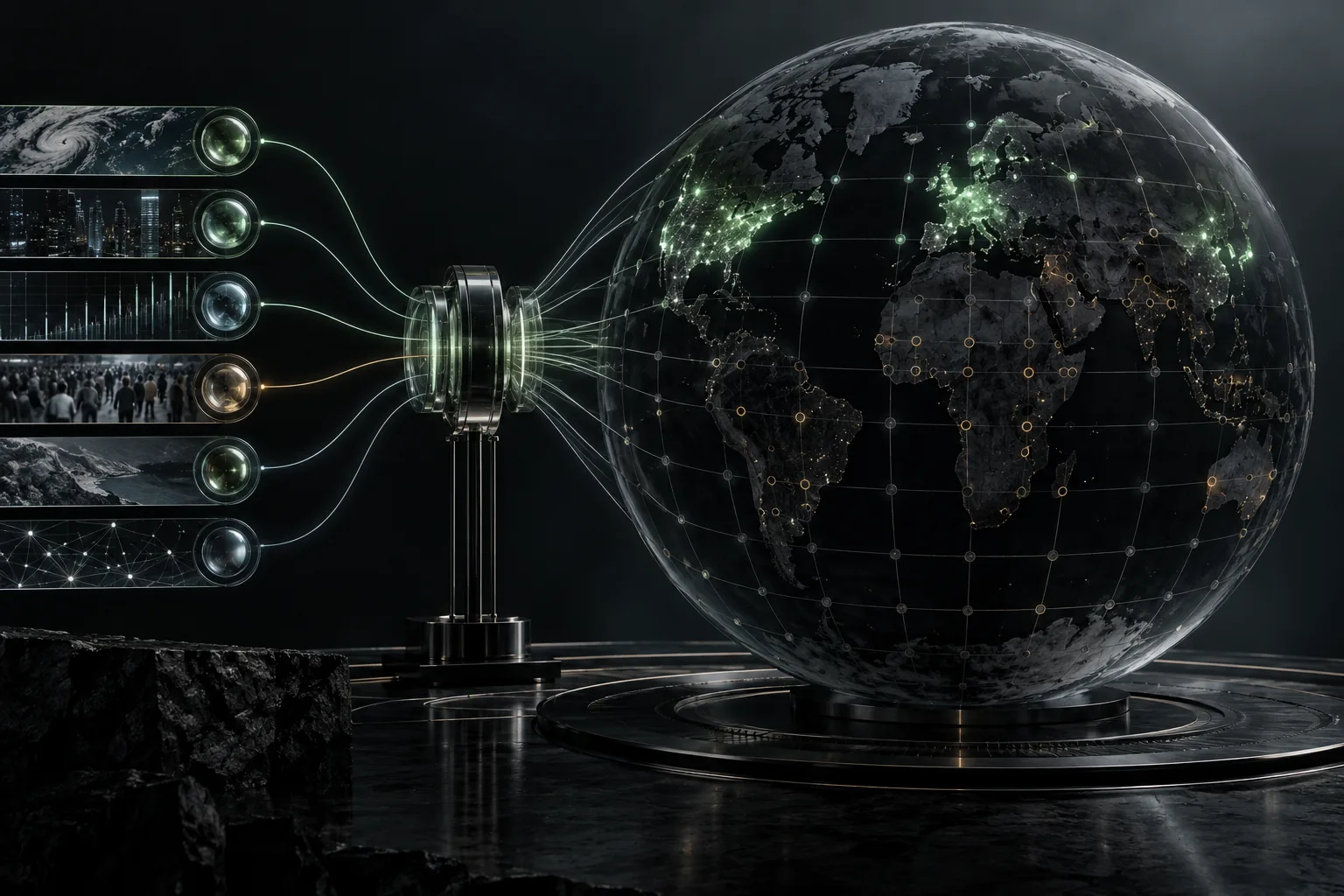 An institutional research globe reveals brightly verified corridors and deliberately dark geographic and causal gaps across a disciplined evidence network.