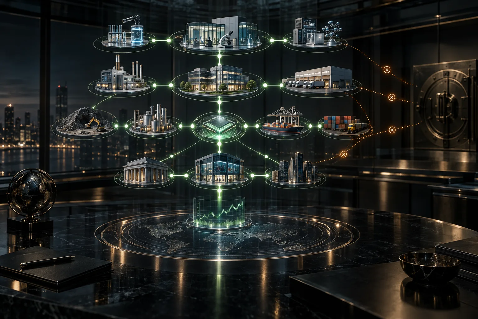 A premium institutional mapping room traces luminous causal routes from frontier laboratories through industrial bottlenecks to securities and exchanges, while blocked paths end at a sealed capital vault.