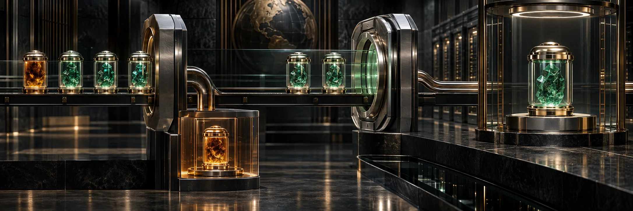 Four institutional evidence capsules enter a verification line; one amber capsule is quarantined while three verified green capsules pass through a second gate into one sealed research object.