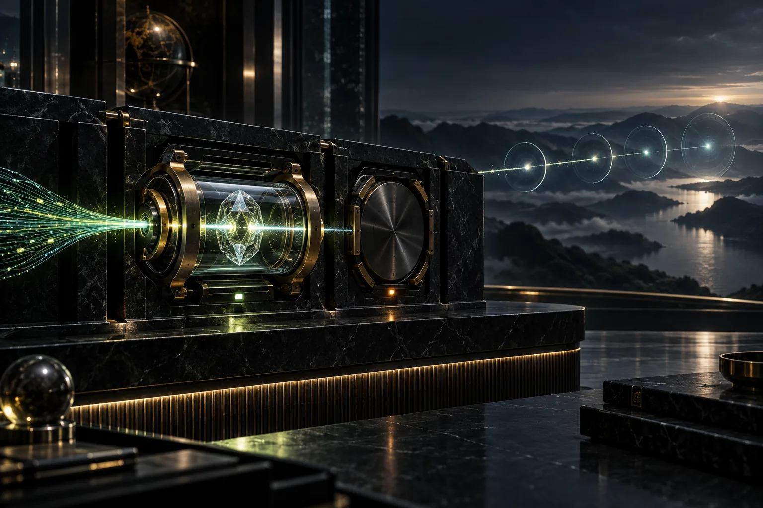 A transparent crystal-and-brass hypothesis capsule is time-locked into a black institutional ledger before a luminous evidence thread reaches four distant observation horizons.