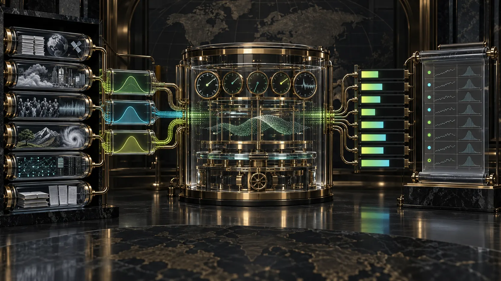 A premium brass-and-smoked-glass investment flight recorder transforms sealed evidence and probabilistic scenarios into auditable risk gauges, portfolio weights and a forward ledger.