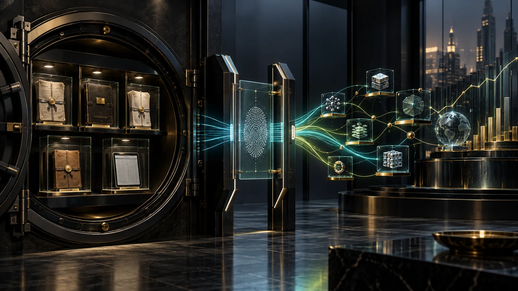 Five sealed private research objects remain inside an obsidian institutional vault while a glass verification gate releases only fingerprint and provenance threads into an auditable economic graph.