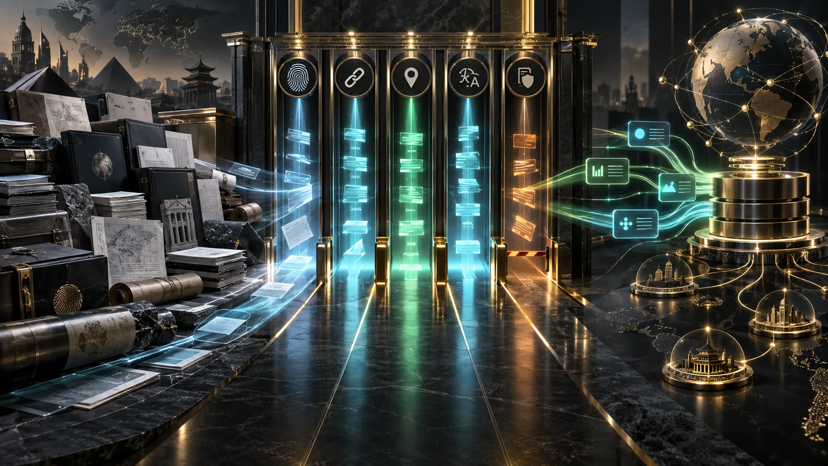 A premium institutional verification colonnade transforms sealed global reports into clean metadata capsules while several amber access gates remain visibly closed and auditable.