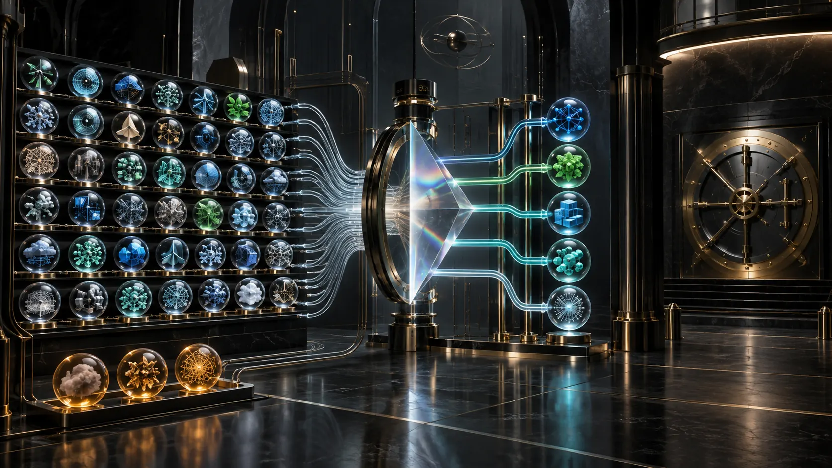 Thirty institutional sector capsules enter a rigorous glass taxonomy prism and resolve into causal graph channels, while three amber gaps remain outside and a sealed capital vault stays closed.