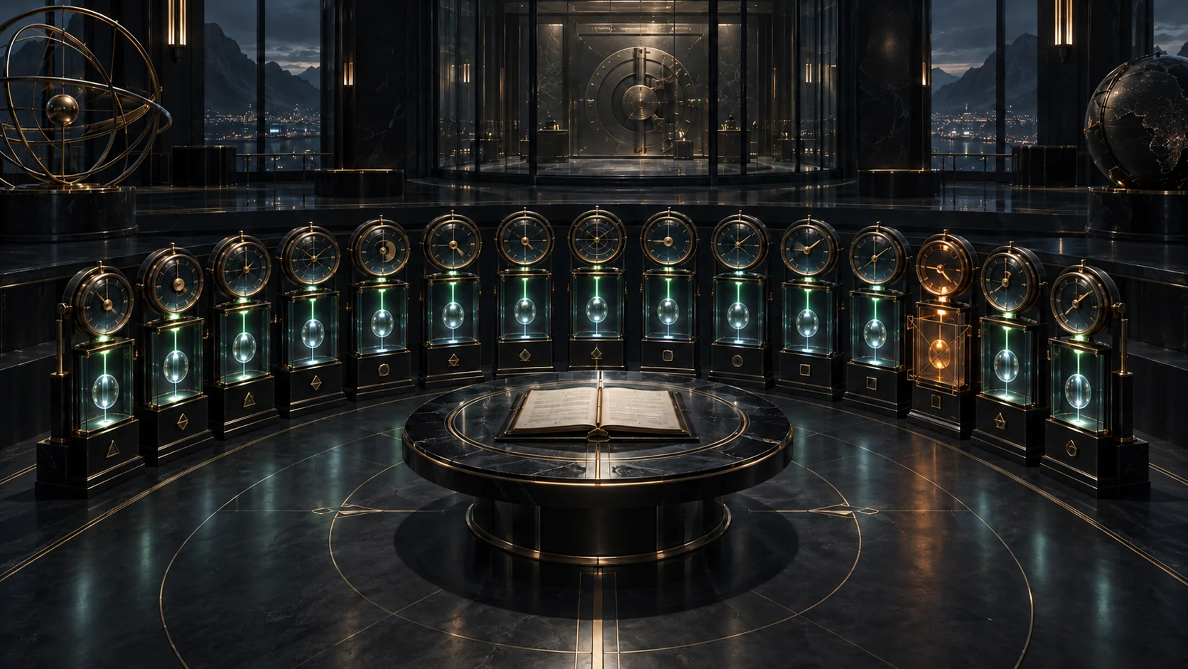 Exactly fifteen precision monitoring chronometers orbit a central evidence ledger; fourteen glow cyan, one is paused in amber, and a separate capital vault remains sealed.