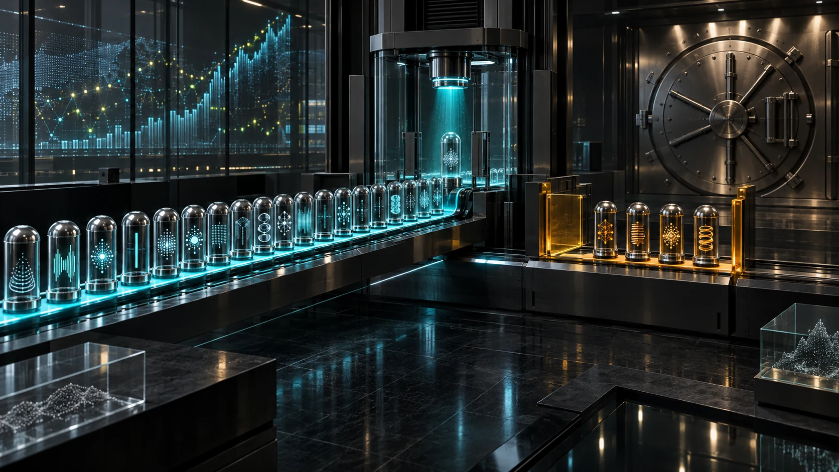 Twenty-two precision data capsules pass through an institutional evidence customs chamber; eighteen rest on a cyan source-bound rail, four pause at amber access gates, and the capital vault remains closed.