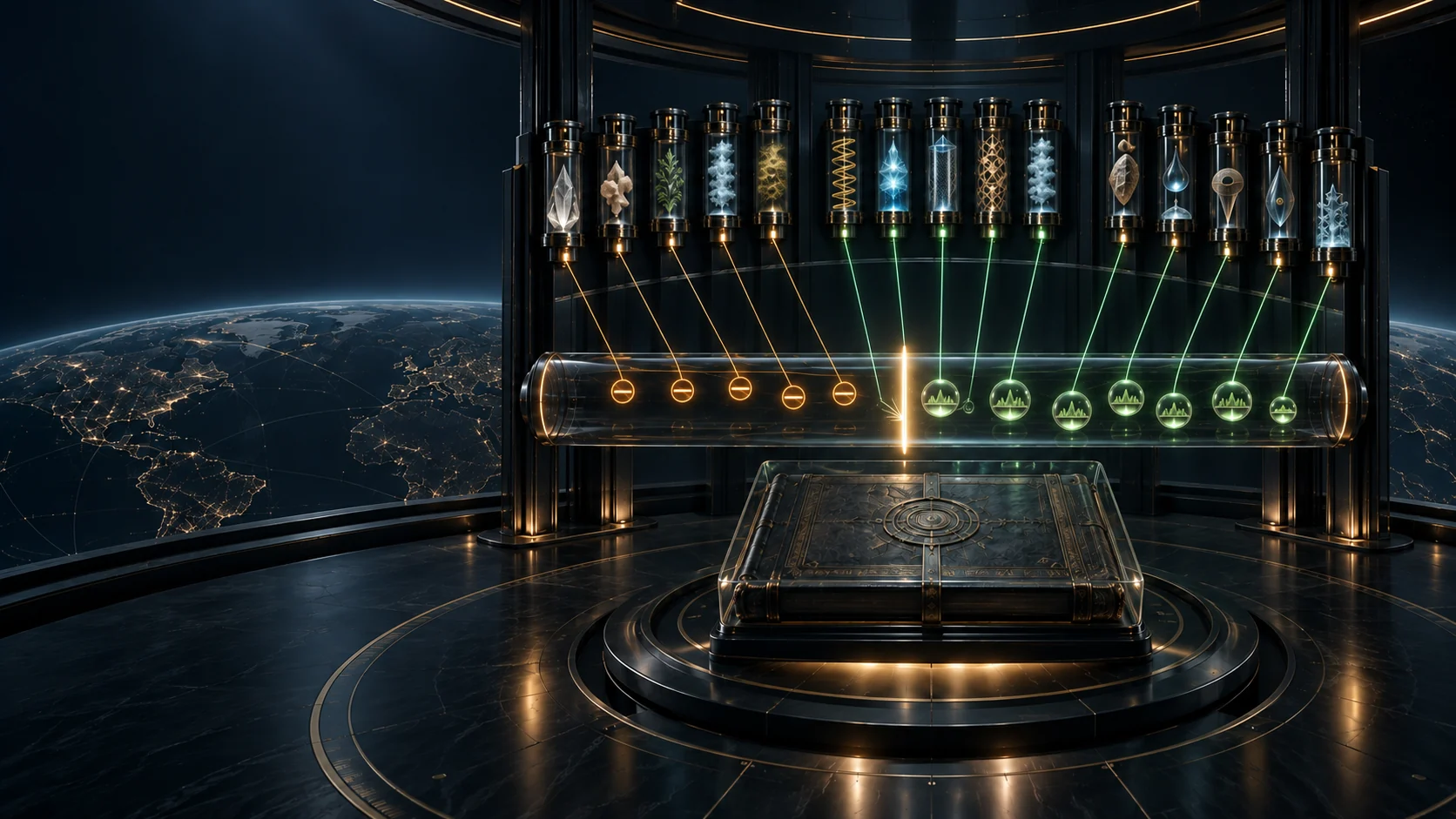 Exactly fifteen institutional source capsules in three groups of five cross a forward-only start line into a sealed evidence ledger; green receipts confirm captured baselines while amber gates visibly block unavailable or unextracted evidence.