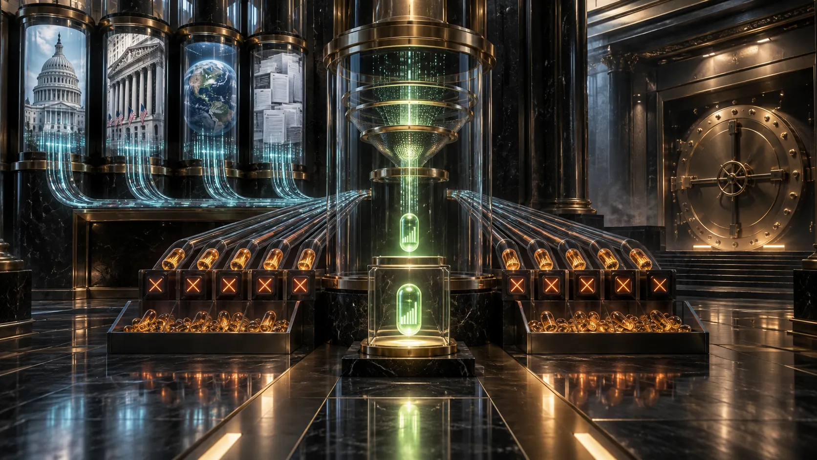 Four official-source portals feed a strict institutional schema chamber; one green verified metric capsule passes into a sealed ledger while amber semantic-mismatch capsules stop safely and a separate capital vault remains closed.