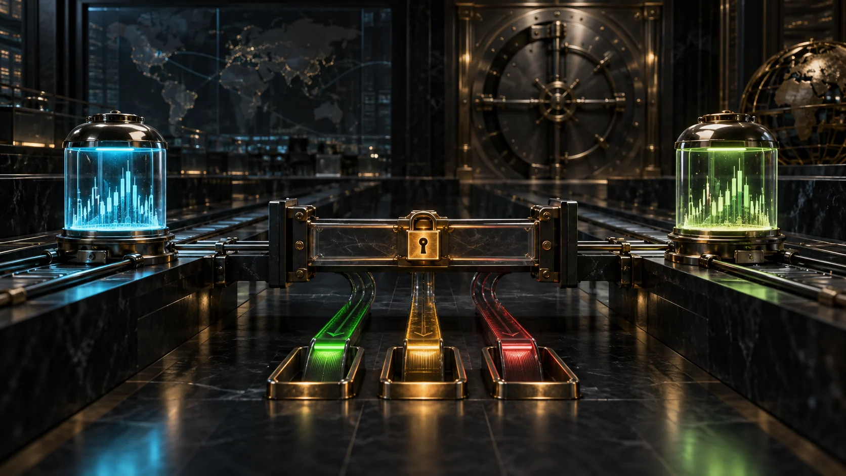 Two time-separated market evidence capsules face each other across a locked comparison bridge; the first becomes a baseline, the second has not yet crossed, three result rails wait beyond the lock, and a separate capital vault remains closed.