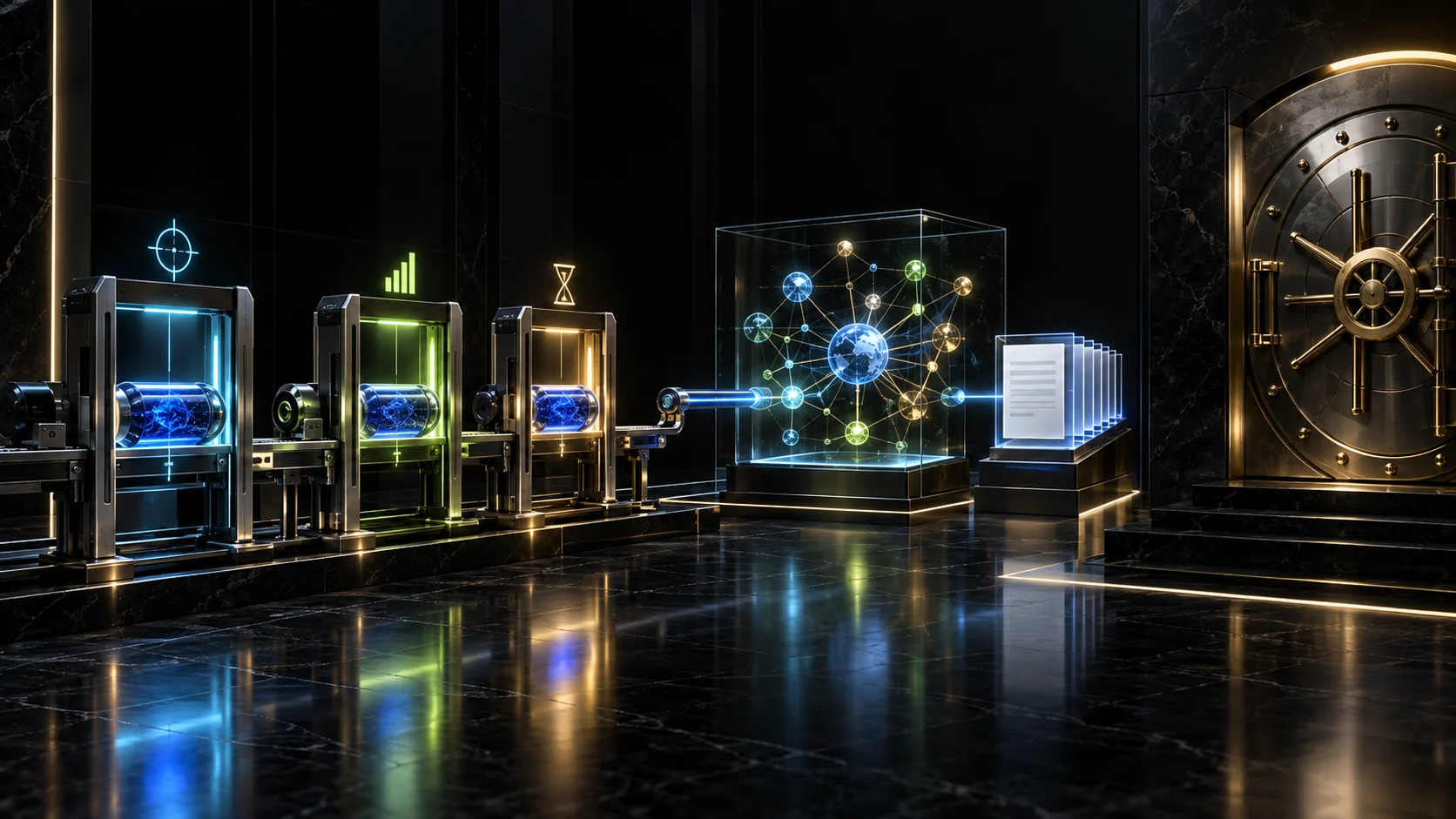 A sealed blue evidence capsule passes through exact-comparison, materiality and expiry gates into a causal graph and editorial queue while a physically disconnected gold capital vault stays closed.