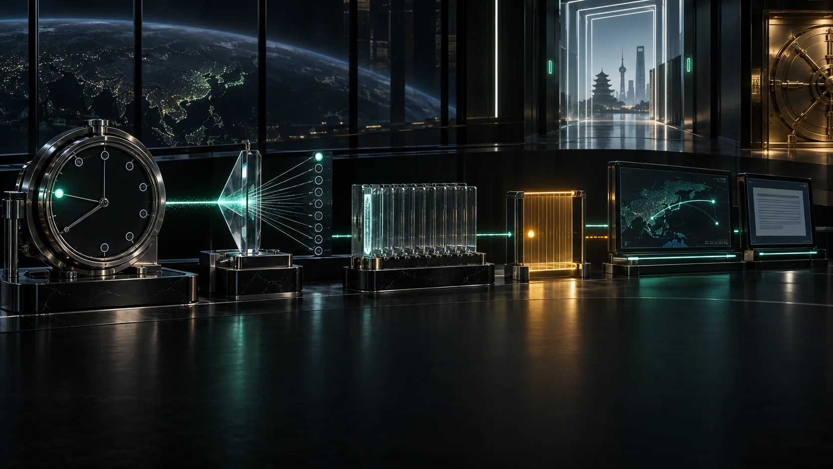 A premium black-glass observatory connects a one-tick cadence clock, extractor prism, append-only ledger and waiting downstream console while an amber insufficient-sample gate, a closed capital vault and the next Asia corridor remain visible.