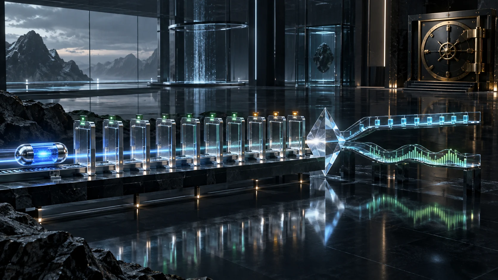 A sealed cobalt evidence capsule passes through ten glass gates toward a valuation prism and two research rails while a separate black-and-gold capital vault remains closed.