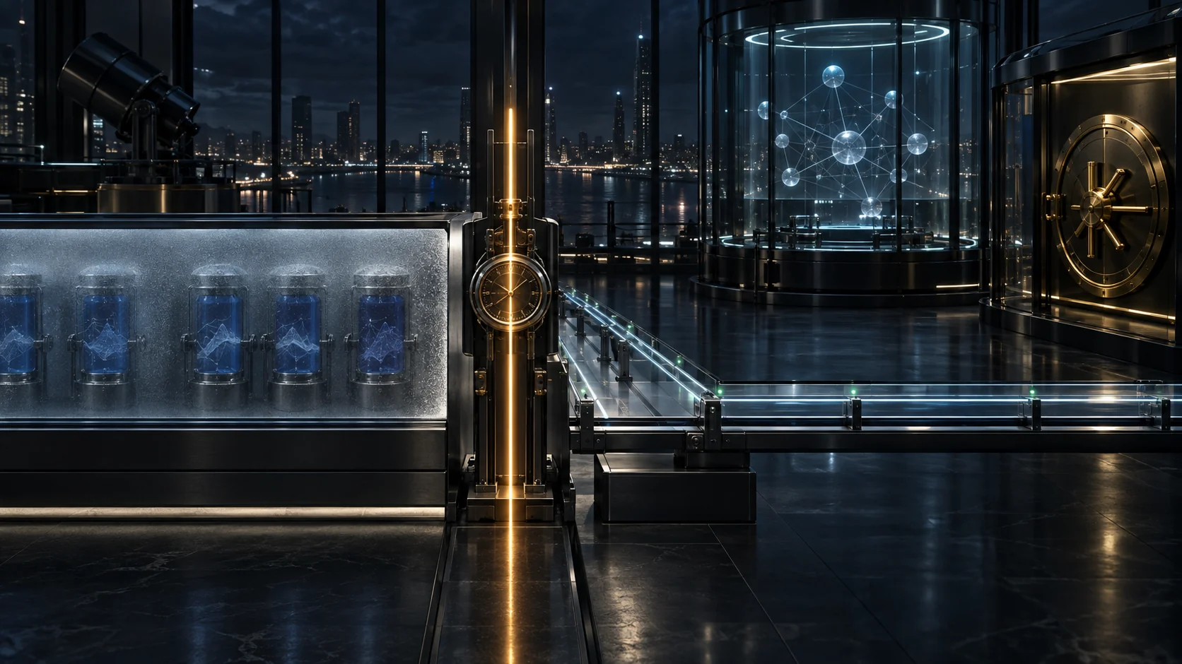 Archived blue evidence capsules remain behind frosted glass to the left of a precise illuminated activation line, while an empty forward rail waits for the first new live event and a separate capital vault stays closed.