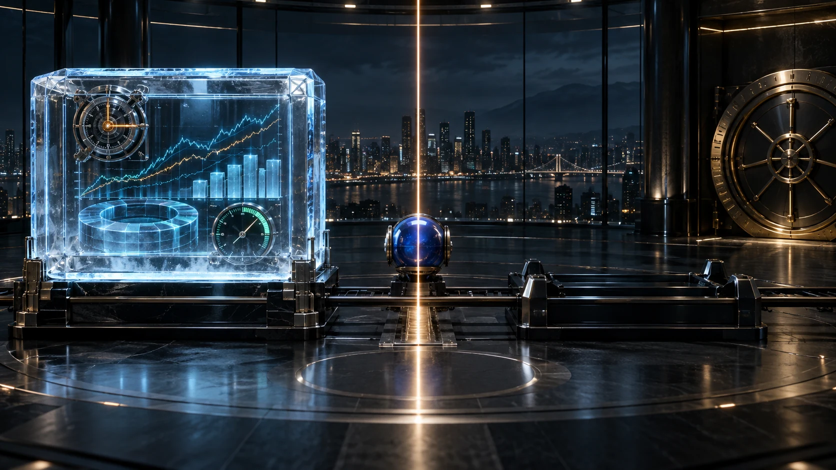 A transparent cryogenic market vault seals pre-event prices, consensus, factors and rates to the left of an illuminated event line, while the future reaction rail and capital vault remain untouched.