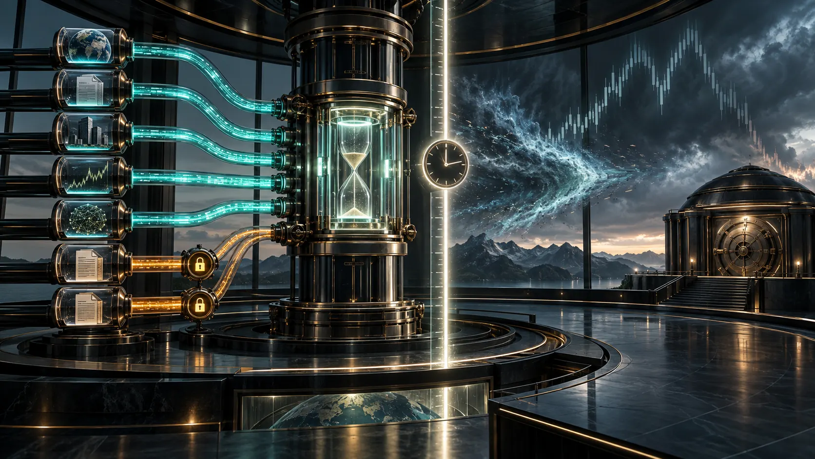 Seven evidence conduits feed an institutional time-lock chamber; three glow cyan, two wait for event identity and two terminate at amber licence gates while the capital vault remains closed.