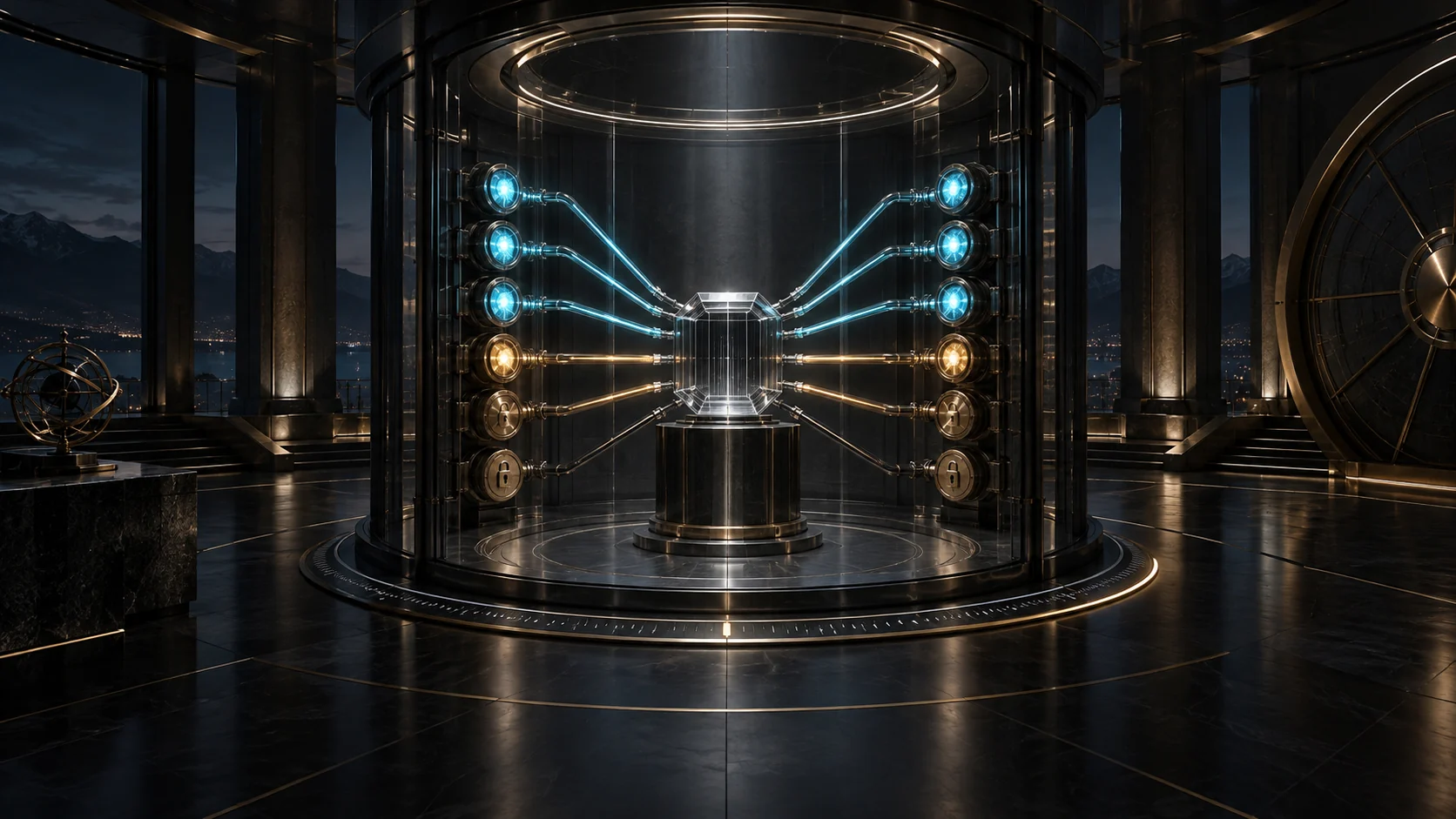 A silent institutional evidence chamber stands armed inside a black titanium and bronze vault, with acquisition lines converging on an empty sealed ledger and locked source gates still visible.