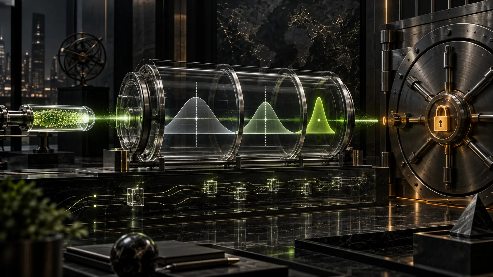 A premium institutional Bayesian underwriting machine inside a dark titanium vault transforms a frozen prior distribution through a sealed likelihood gate while the capital chamber remains locked.