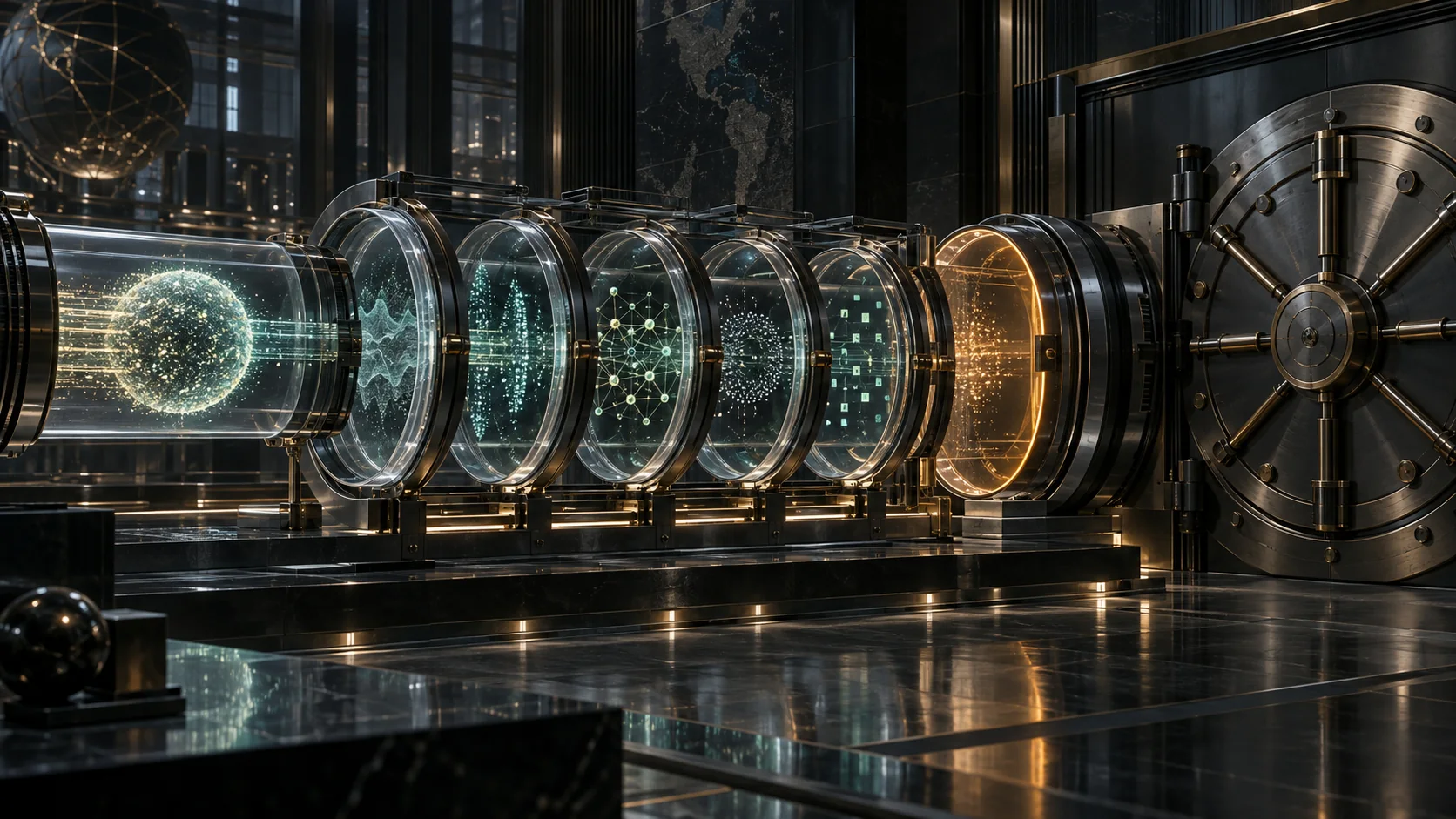 A precision institutional risk airlock tests one probability capsule across five glass-and-titanium diagnostic rings before an amber barrier and a visibly locked capital vault.