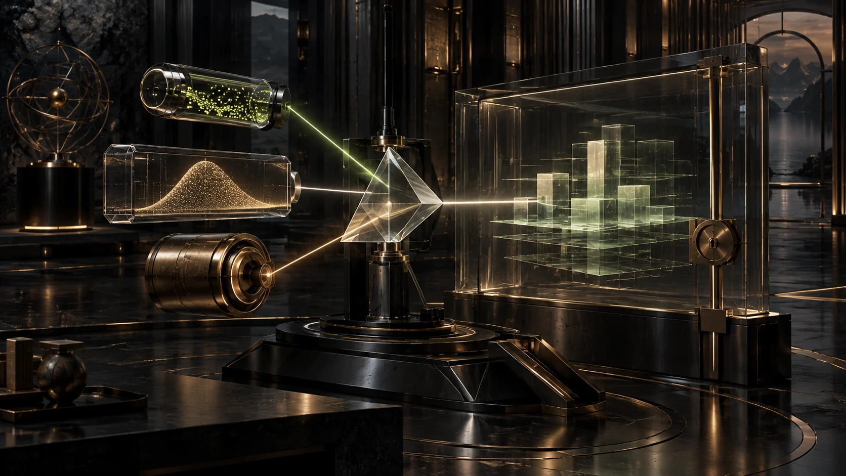 A sealed evidence capsule, valuation distribution and bronze risk aperture converge through a precision glass prism into a translucent portfolio blueprint locked behind a transparent barrier.