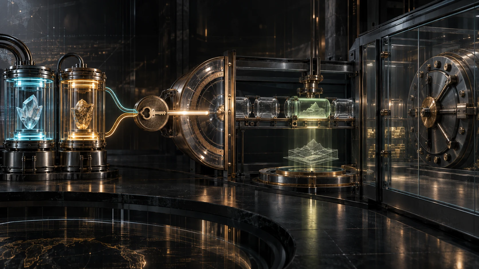 A premium black-titanium institutional vault joins cyan evidence review and amber risk review capsules into one bronze governance key, opening only a future-close chamber while live capital stays locked.