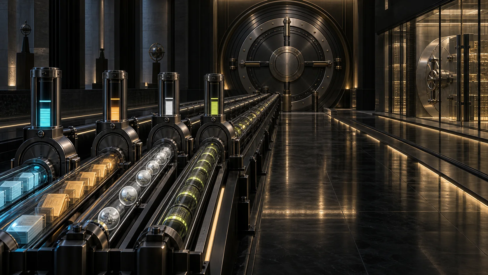 A premium black-titanium proof tunnel carries four independent measurement rails toward a sealed audit vault while a separate live-capital chamber remains locked.