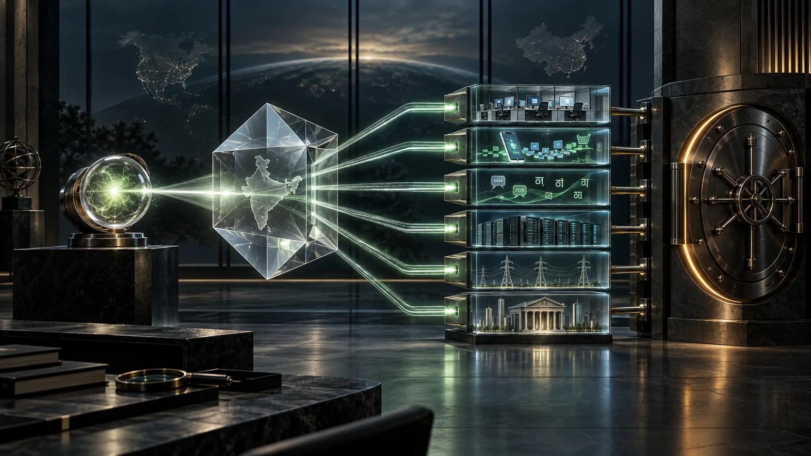 A premium capital laboratory refracts an AGI capability sphere through an India-shaped lens into six economic rails while a separate investment vault remains locked.