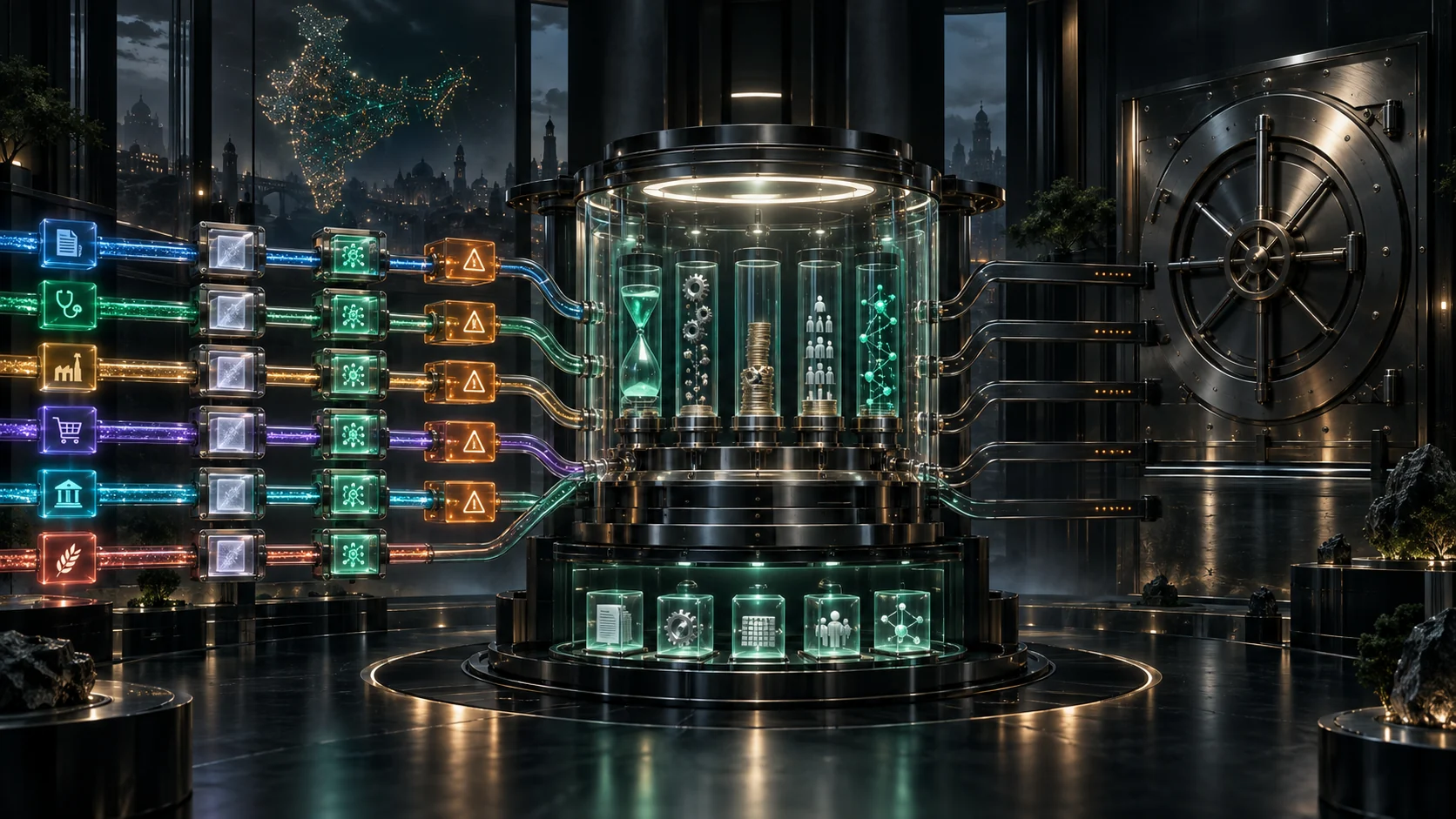 Six workflow rails pass separate baseline, AI-treatment and counterfactual gates in a premium financial measurement machine while the capital vault remains closed.