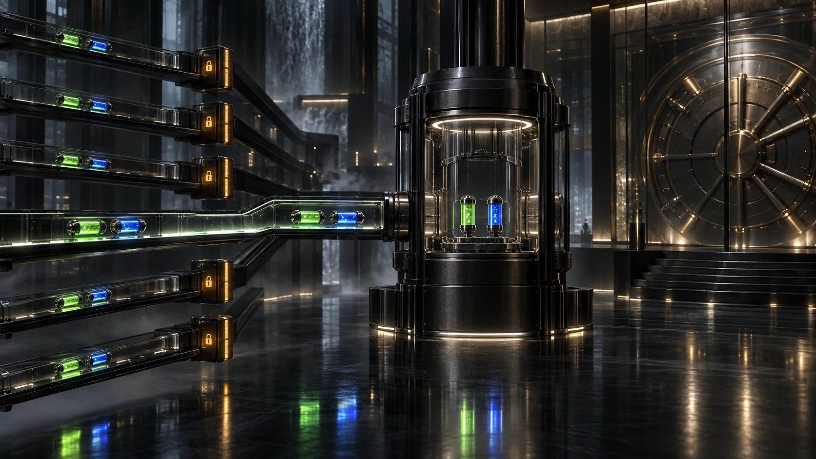 Six evidence corridors carry green treatment and blue control capsules toward a sealed matching chamber; amber access locks stop incomplete routes and the capital vault remains closed.