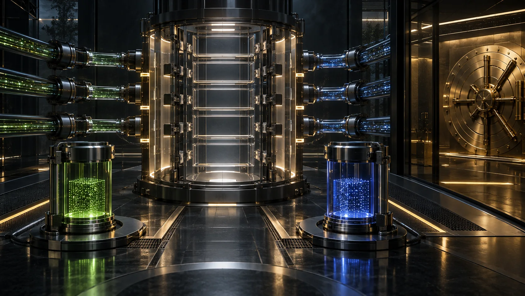 Green treatment and blue control evidence capsules wait outside a transparent validation airlock while a separate capital vault remains locked.