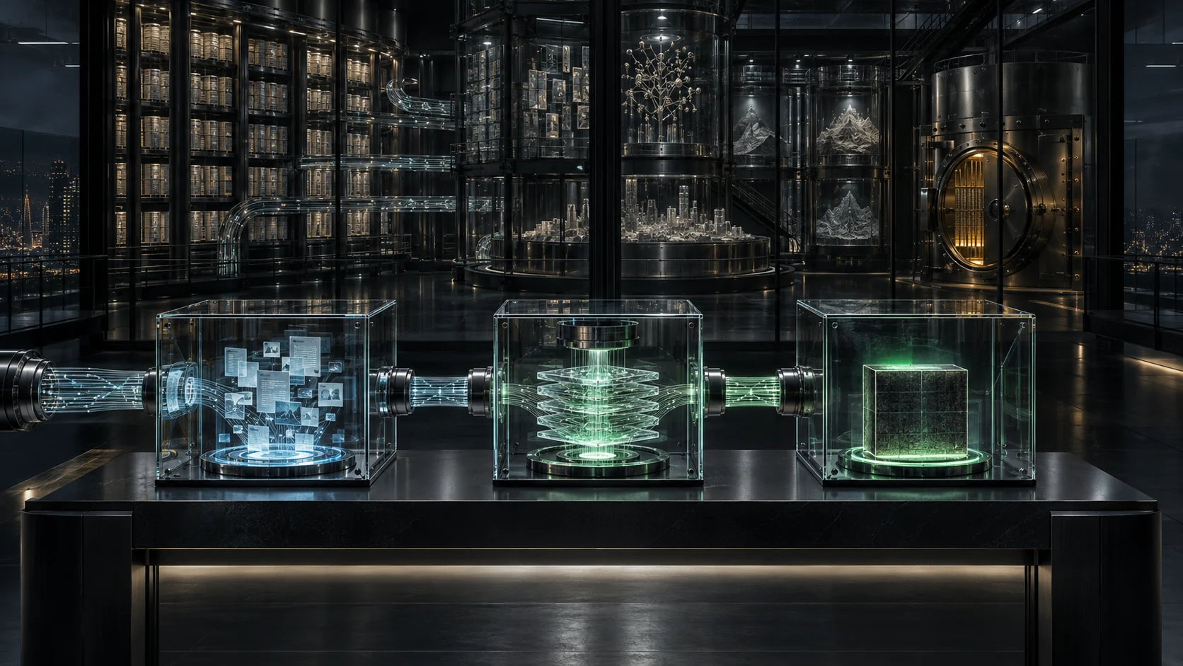 A transparent three-stage console turns a raw evidence capsule into a sealed answer while a deep institutional research machine and locked capital vault remain visible behind it.