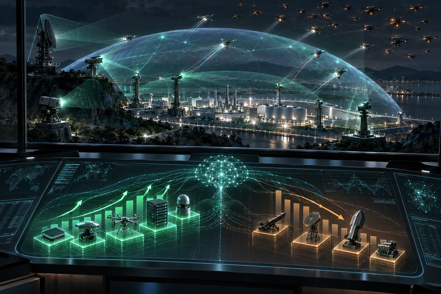 A layered autonomous defense mesh protects critical infrastructure while a capital engine separates adaptive suppliers from legacy hardware.