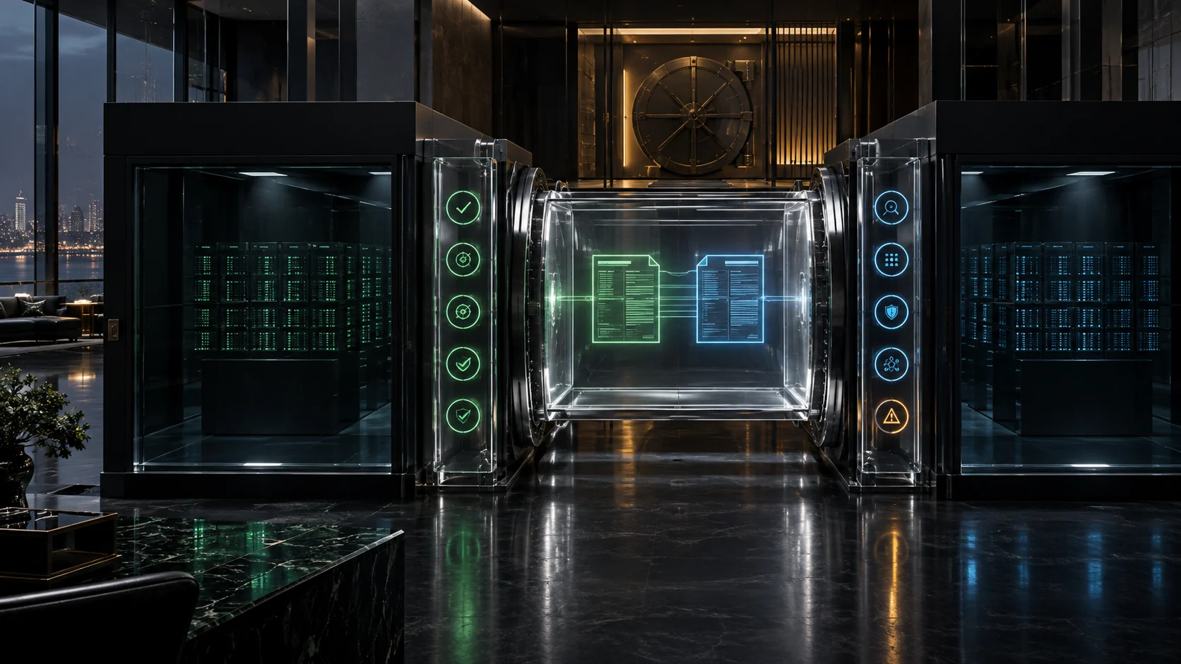 Two isolated data vaults exchange only a schema blueprint through a transparent validation airlock while a separate capital vault remains locked.