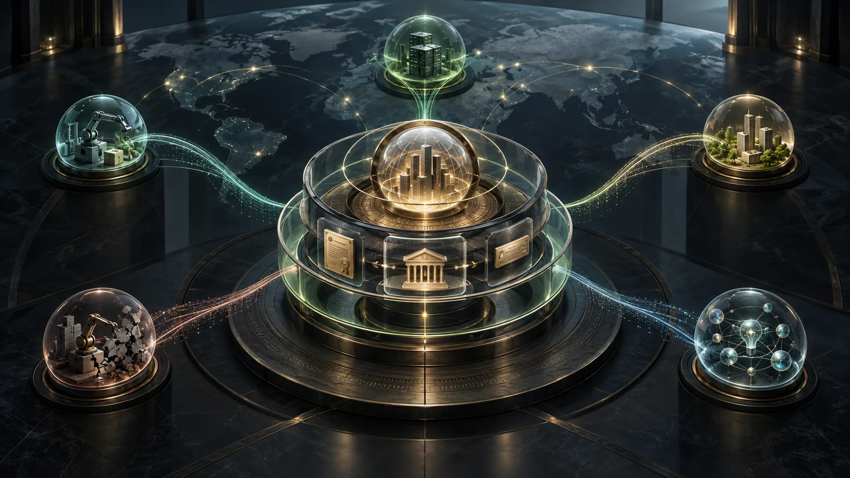 A central issuer registry separates legal security, exchange listing and ticker history while five distinct AGI economic channels radiate outward through a controlled global observatory.