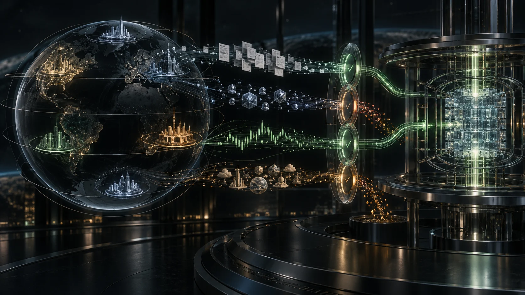 A global sphere sends four evidence streams through green and amber rights gates into a secure institutional data vault.