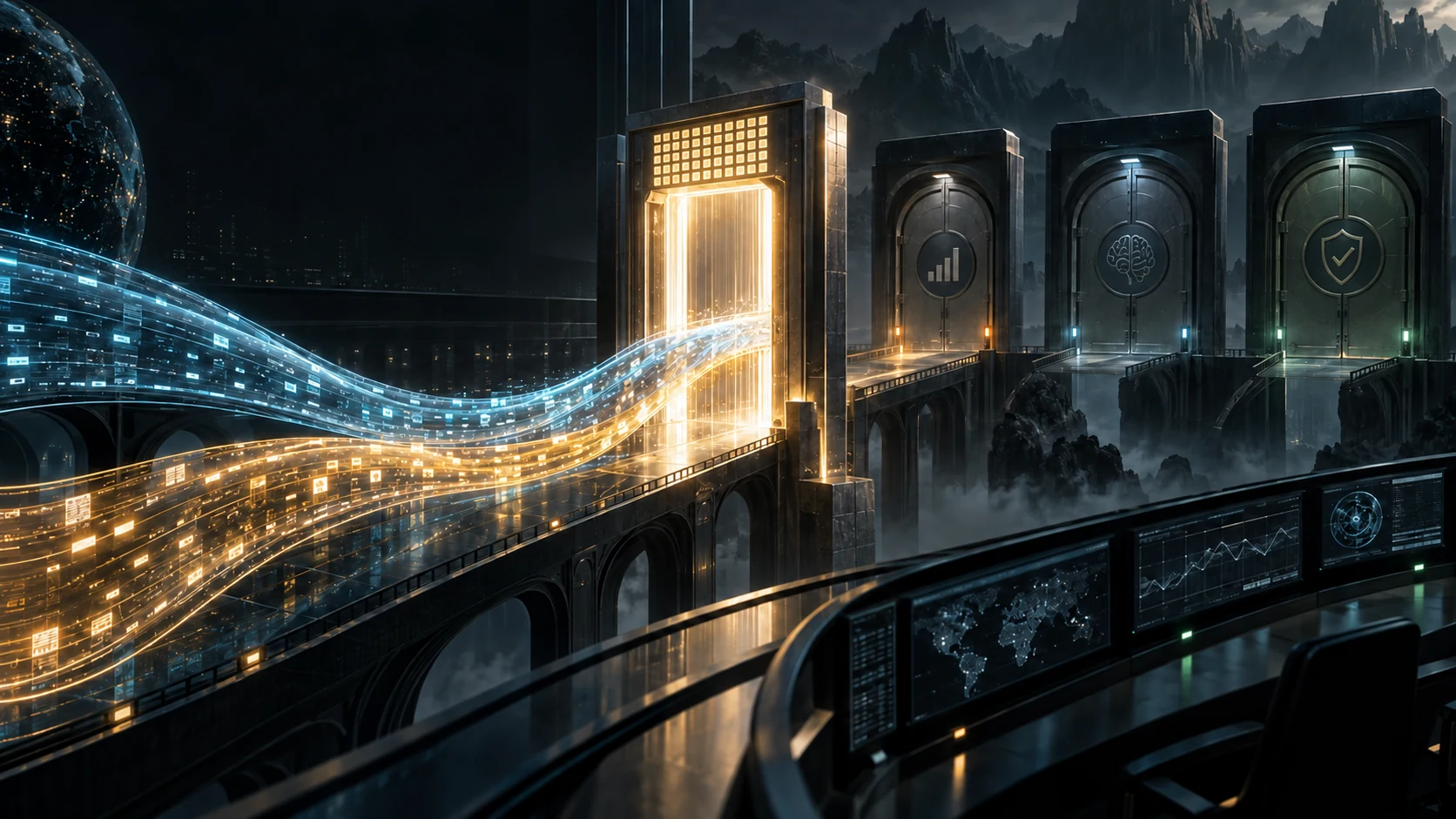 Two frontier-intelligence revenue streams cross an illuminated economic gate while separate profit, capability and independent-verification chambers remain sealed.