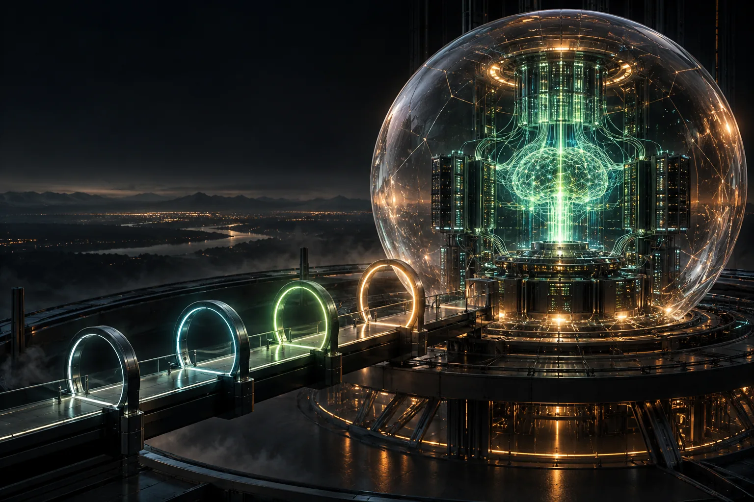 A luminous AGI engine sits inside a transparent market bubble while four evidence gates form a measured route toward it.