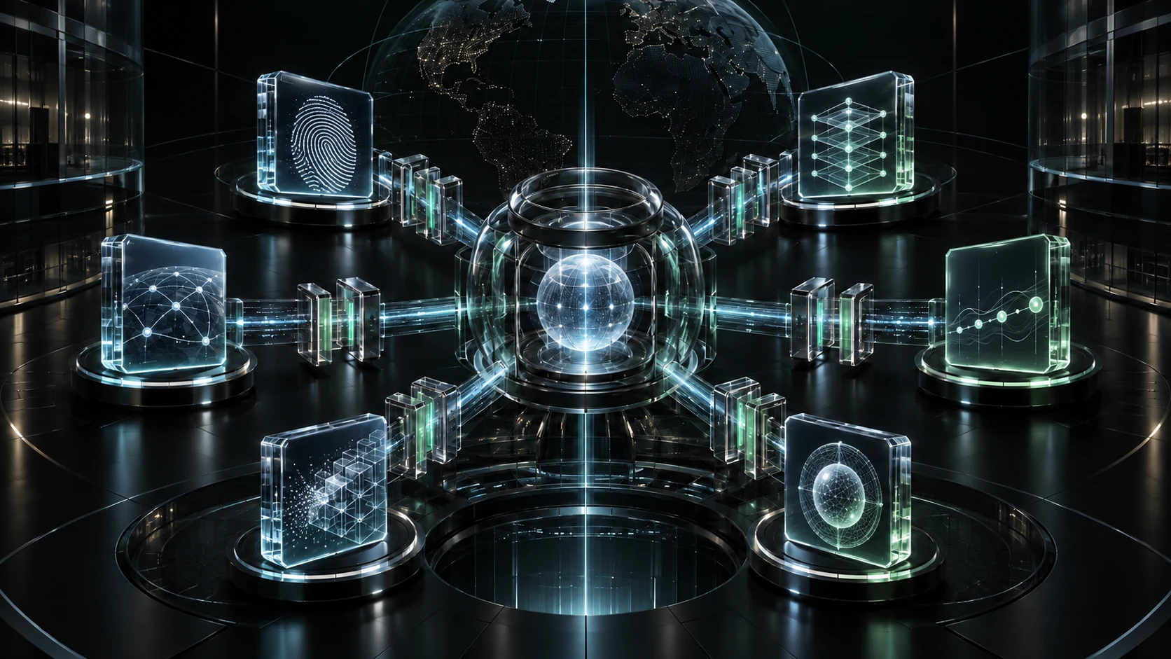 An abstract global verification vault receives six separate security-identity records.