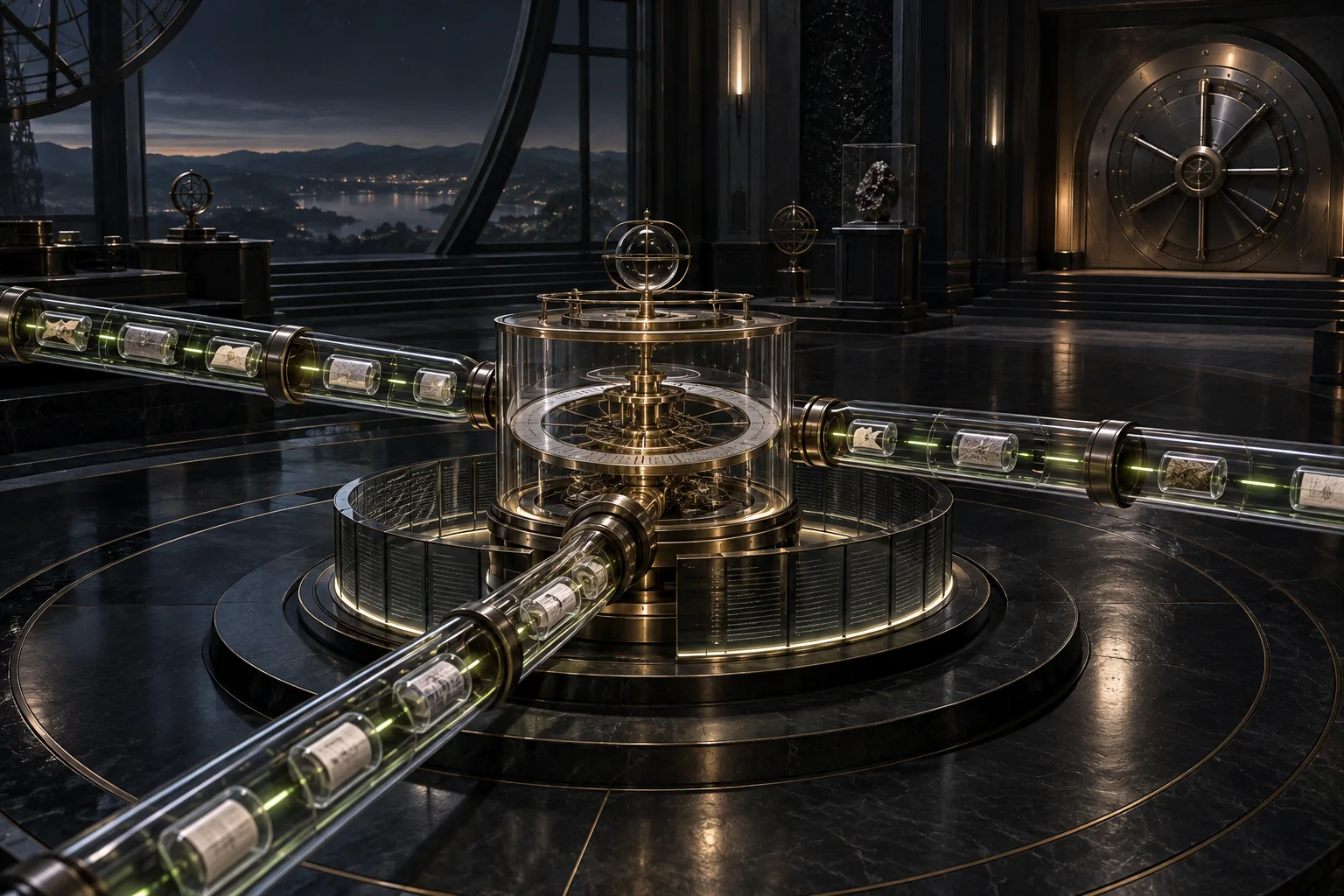 Three sealed evidence rails converge into a precision audit clock while a capital vault stays closed.