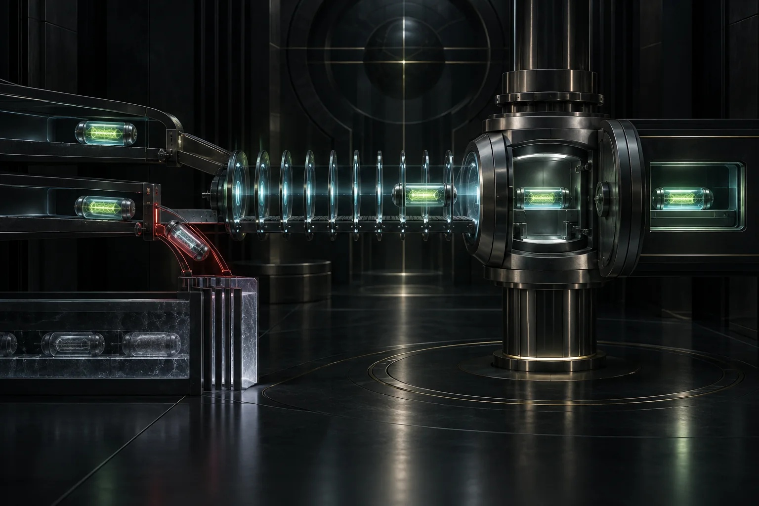 A sealed future-event capsule passes ten institutional gates while its duplicate is diverted and historical capsules remain behind a time barrier.
