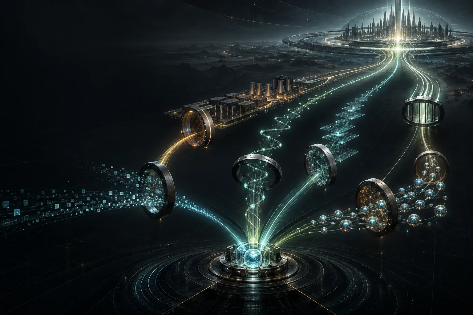Four luminous AGI-to-ASI pathways cross physical constraint rings and converge on a distant superhuman research system.