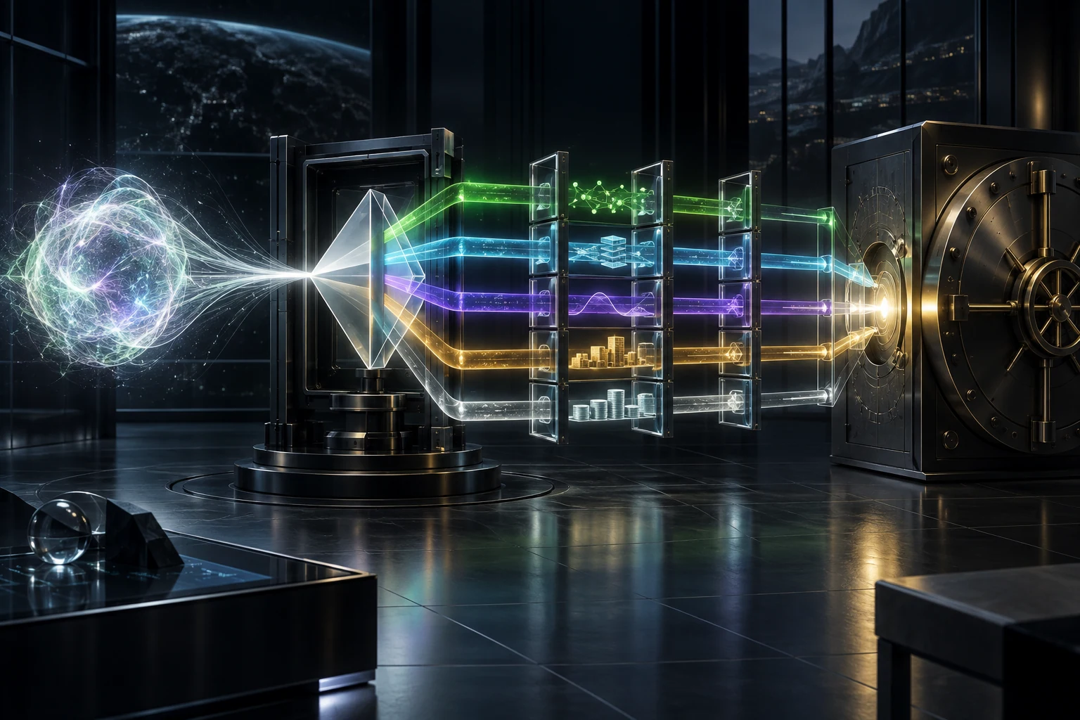 An ambiguous AGI signal passes through a precision prism, six evidence channels and transparent gates before a sealed capital vault.