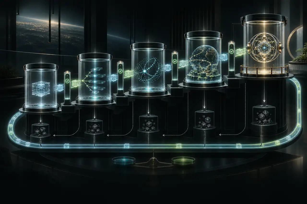 Five ascending recursive improvement chambers pass persistent artifacts through independent verification gates while rejected regressions enter a rollback archive.