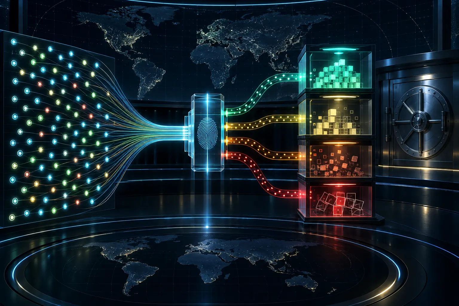 A global set of tracked security routes passes through a strict identity gate into complete, incomplete, absent and collision chambers while a capital vault remains sealed.